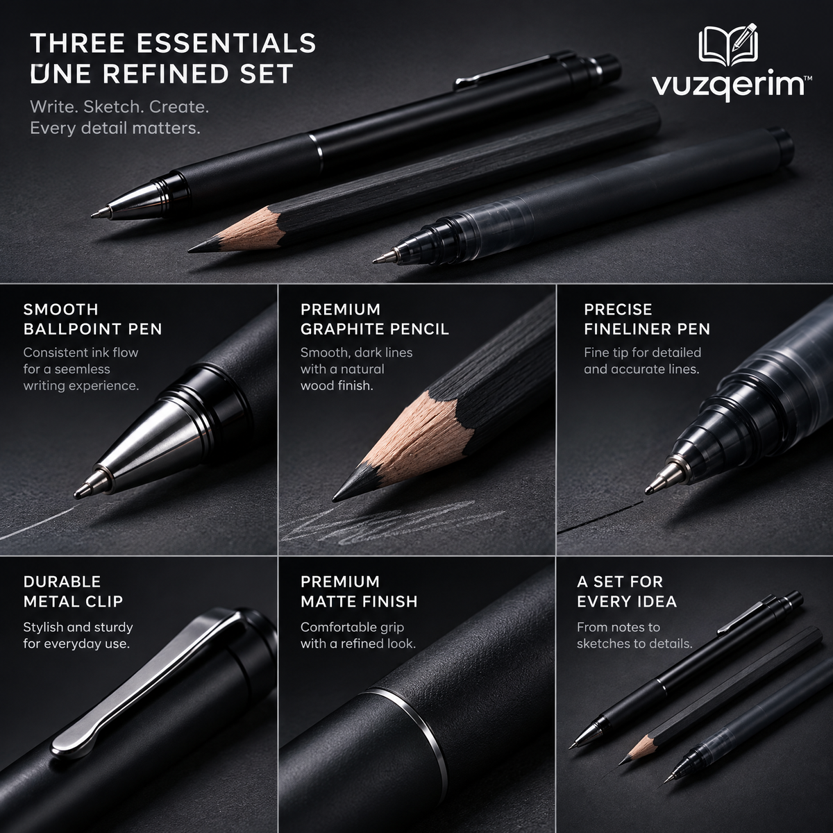 vuzqerim™ Black Pen & Pencil Writing Set