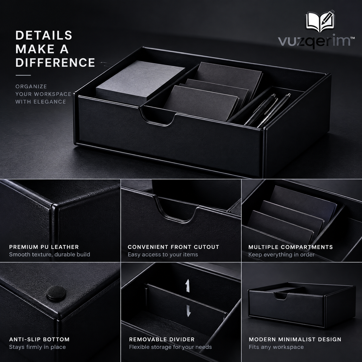 vuzqerim™ Black Compartment Desktop Organizer Tray