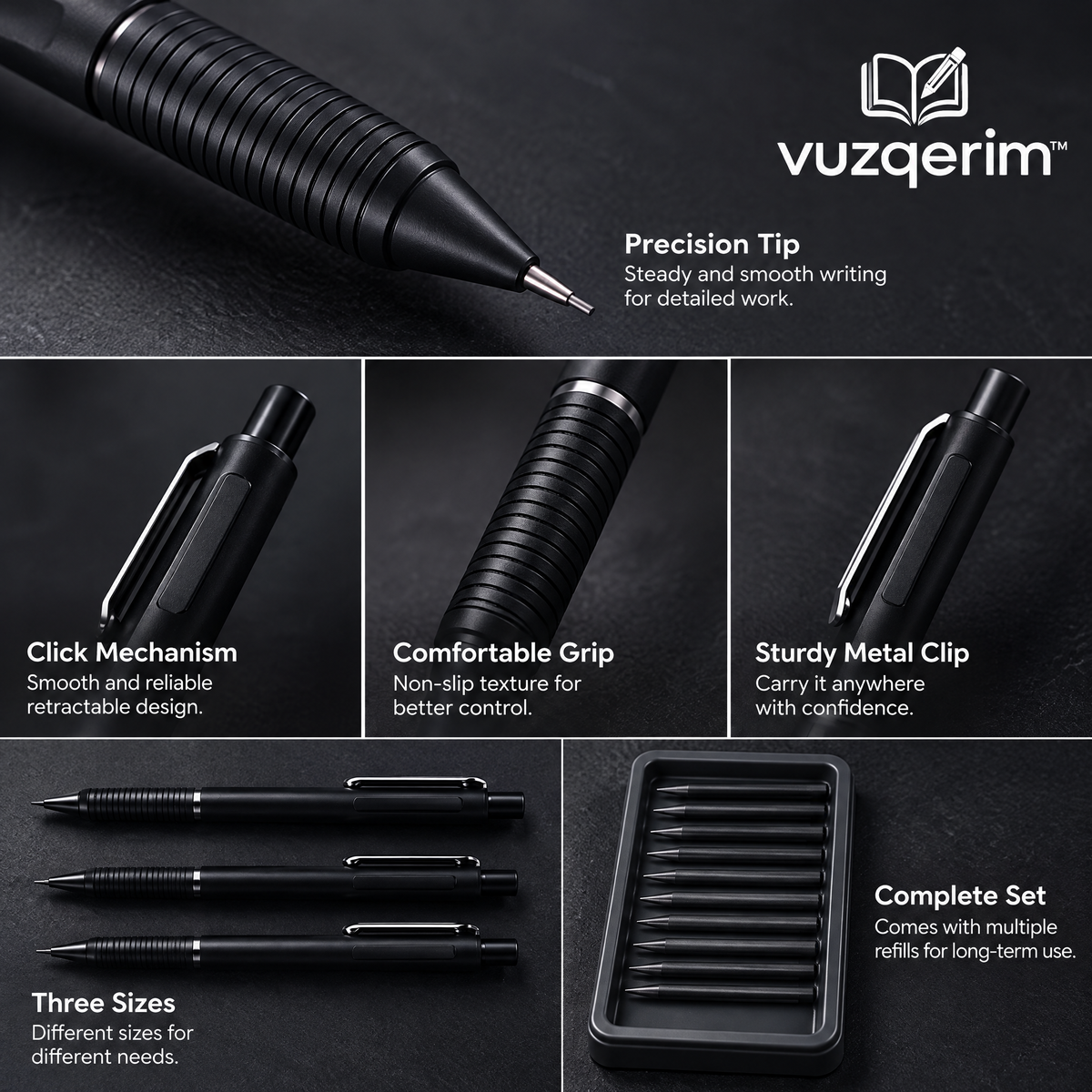 vuzqerim™ Black Mechanical Pencil Set with Lead Storage Case