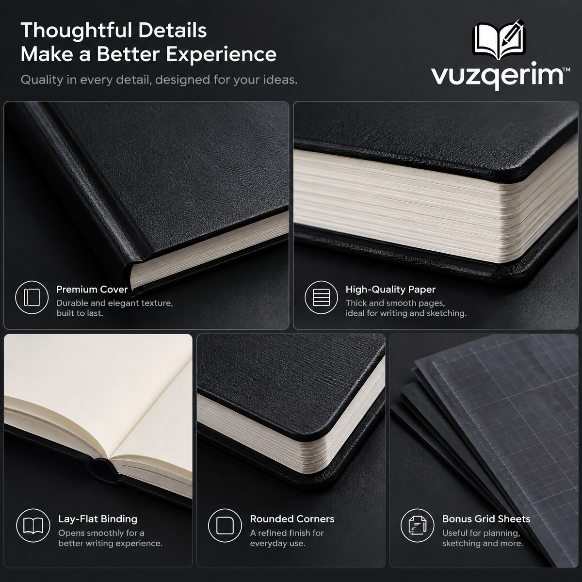 vuzqerim™ Black Hardcover Notebook & Paper Set