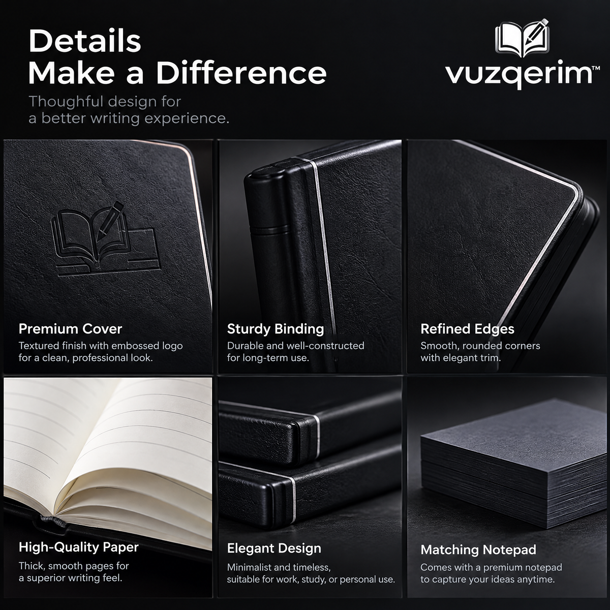 vuzqerim™ Black Notebook Set with Matching Memo Pad