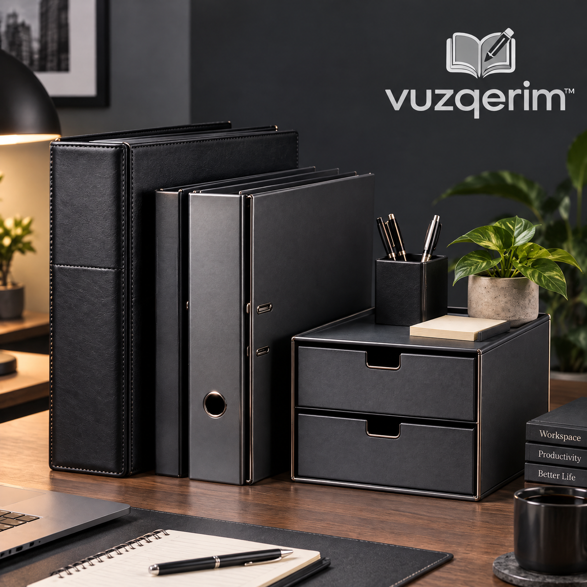 vuzqerim™ Black Binder & Two-Drawer Desk Organizer Set