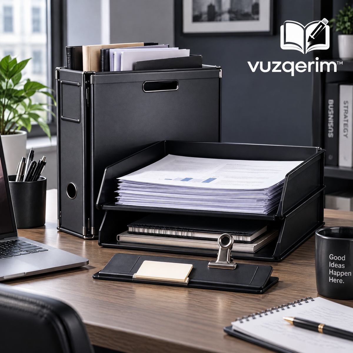 vuzqerim™ Black Desktop Filing Set with Letter Trays & Clipboard